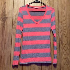 Pink and grey striped long sleeve v-neck shirt